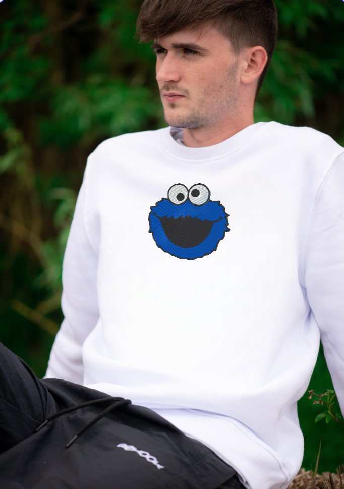 Cookie Monster Embroidered Crew Neck Sweatshirt - WHITE – Custom Logo  Embroidery